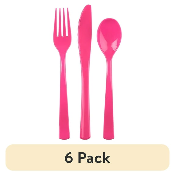 (6 pack) Disposable Plastic Cutlery Set, Neon Pink, 24 Pieces, by Way To Celebrate