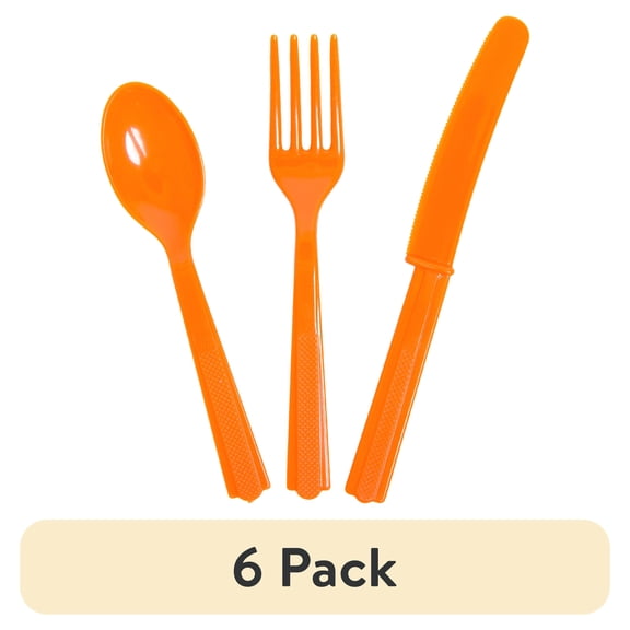 (6 pack) Way to Celebrate! Orange Plastic Party Cutlery Set for 8, 24pcs