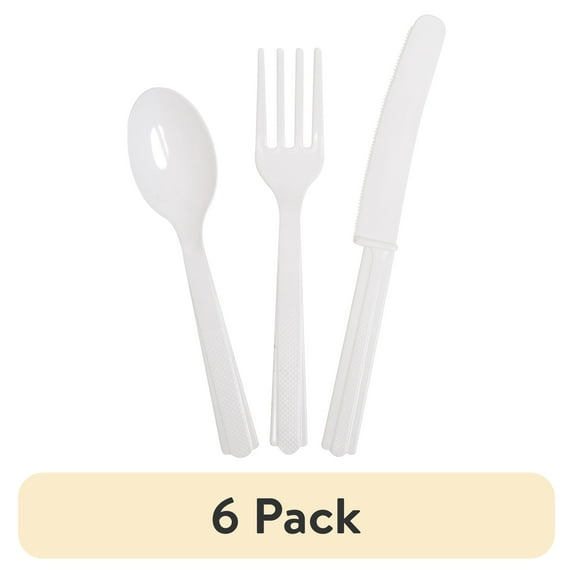 (6 pack) Disposable Plastic Cutlery Set, White, 24 Pieces, by Way To Celebrate