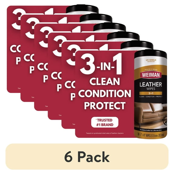 (6 pack) Weiman 3-In-1 Leather Cleaner, Conditioner & Protection Wipes, 30 Count