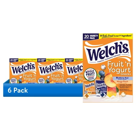 (6 pack) Welch's Fruit 'N Yogurt Blueberry-Acai. & Mango-Peach Soft Fruit Snacks, .7 oz, 20 Count