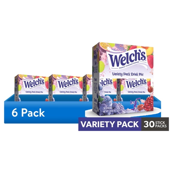 (6 pack) Welch's Zero Sugar Variety Pack Singles to Go Powdered Drink Mix, Grape, Passion Fruit, Strawberry Peach, Cherry Pomegranate, 30 Count Packets