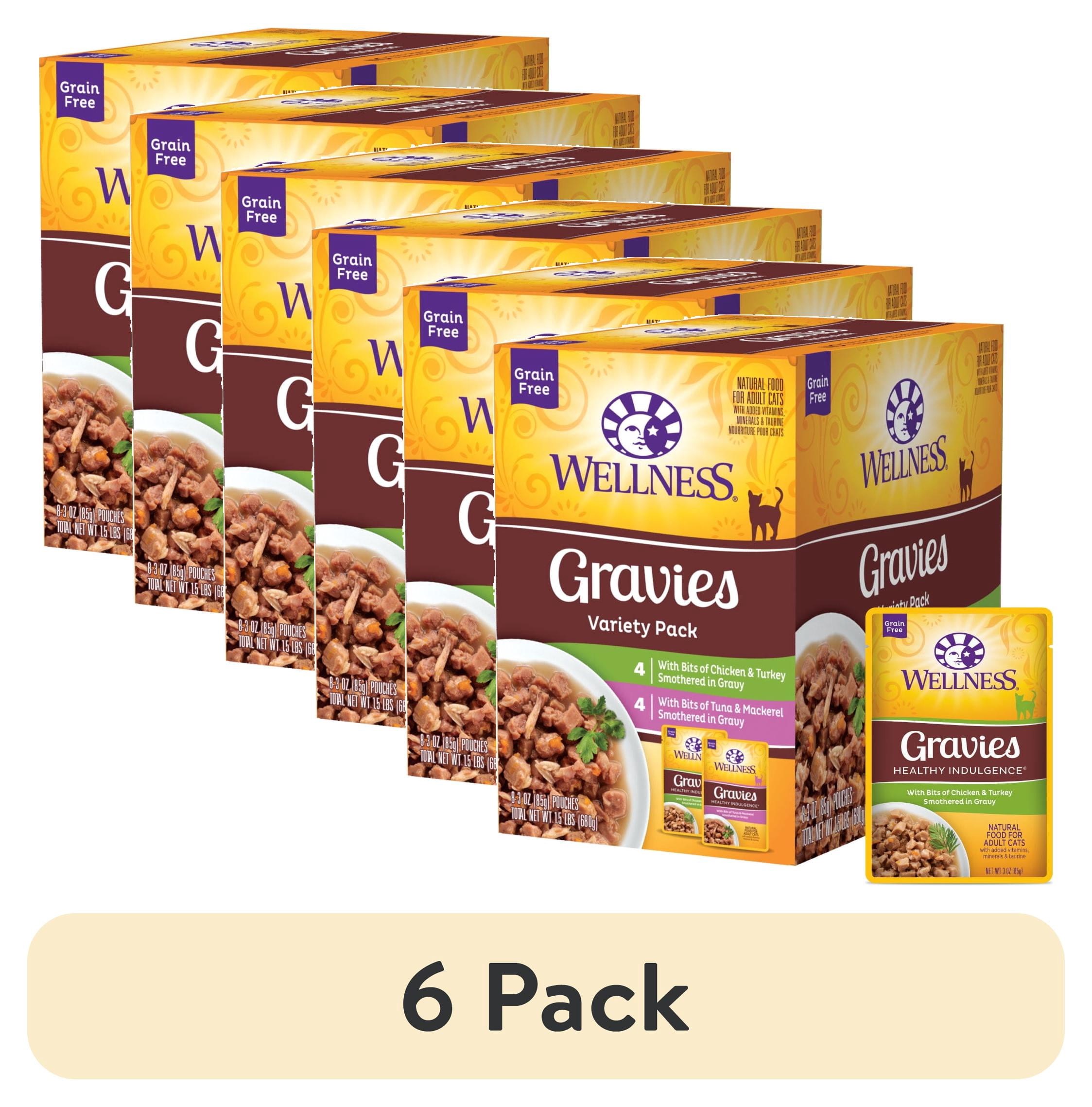 (6 pack) Wellness Healthy Indulgence Gravies Variety Pack Adult Wet Cat Food, Natural, Protein Rich, Grain Free, 2 Flavors, 3 oz, Pack of 8 Pouches