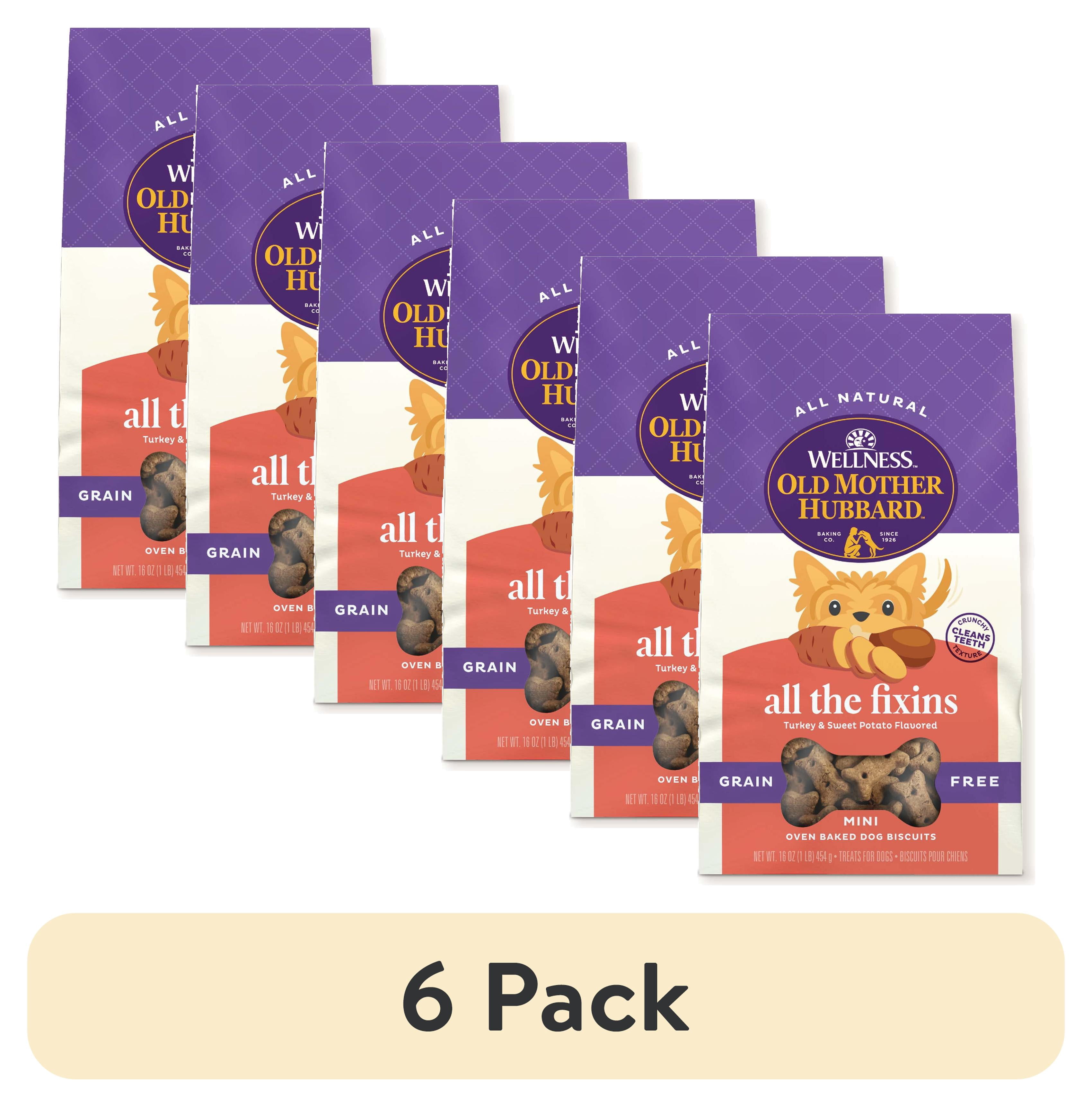 (6 pack) Wellness Old Mother Hubbard Classic Grain Free All the Fixins Dog Biscuits, Natural Training Treats, Turkey and Sweet Potato Flavor, Mini Size, 16 oz Bag