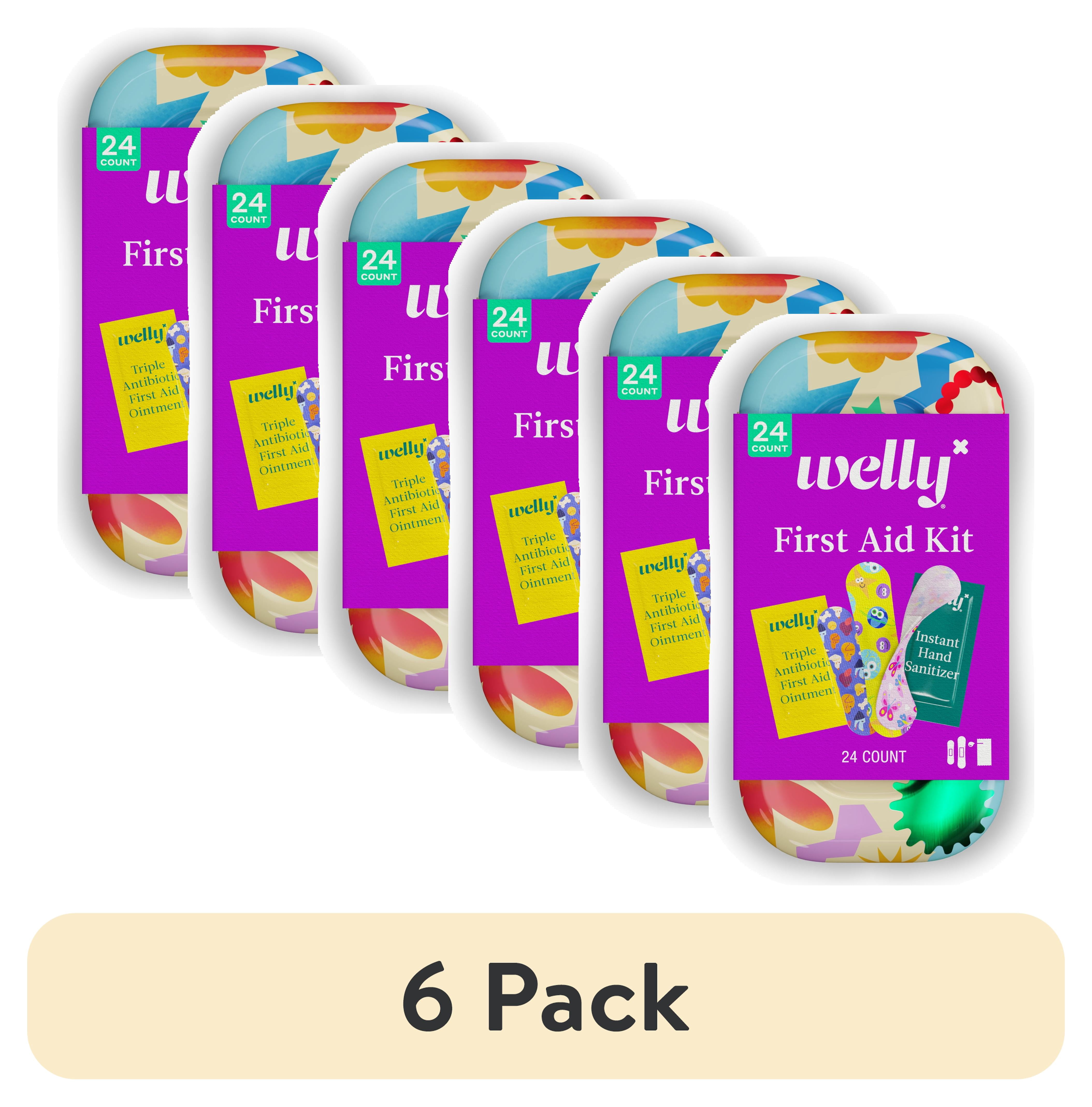 (6 pack) Welly First Aid Kit, Quick Fix Kit for On the Go, Assorted Bandages and Ointments, 24 Count