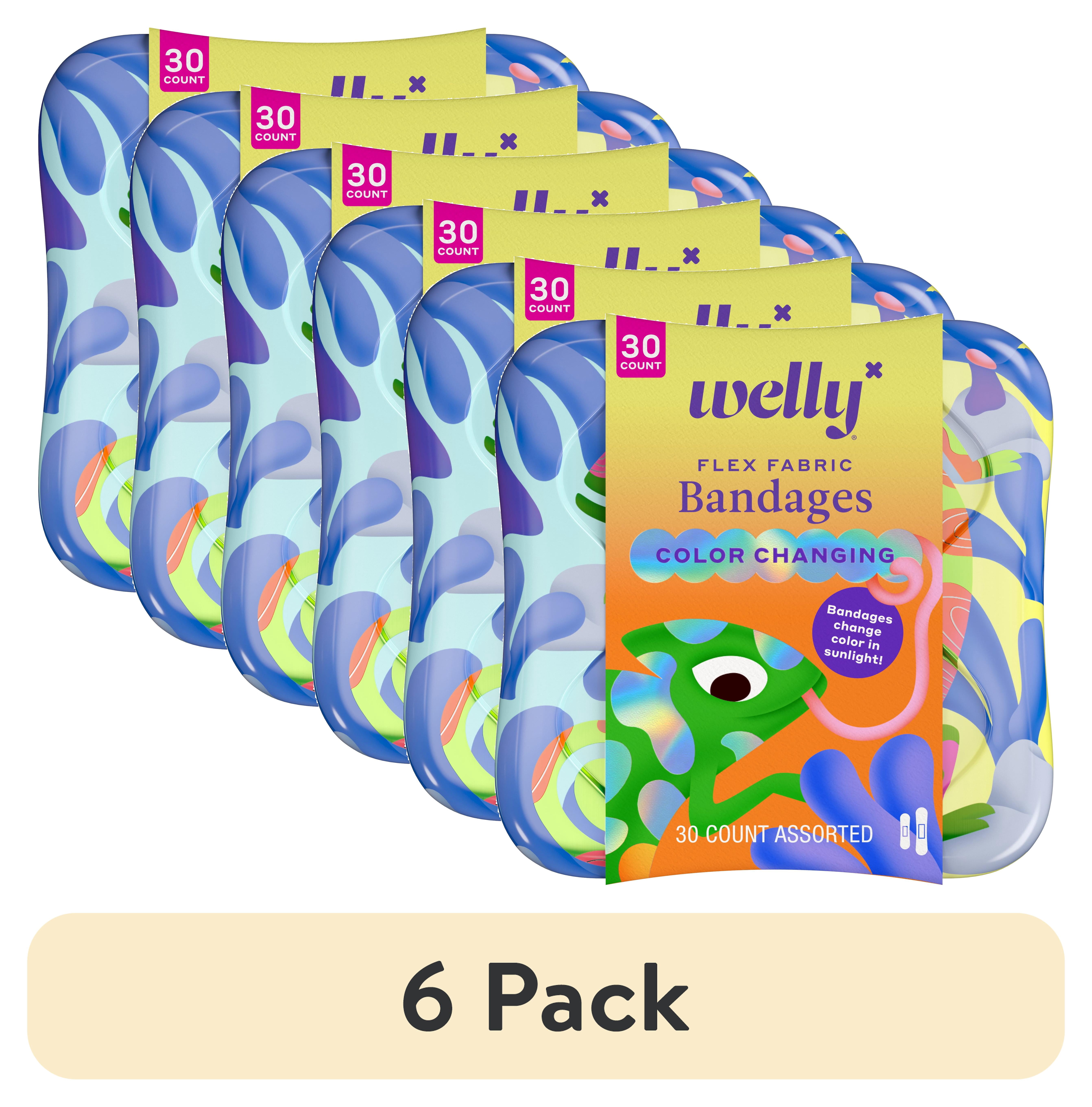 (6 pack) Welly Flex Fabric Bandages, Color-Changing Bravery Badges for Kids, Assorted Sizes, 30 Count