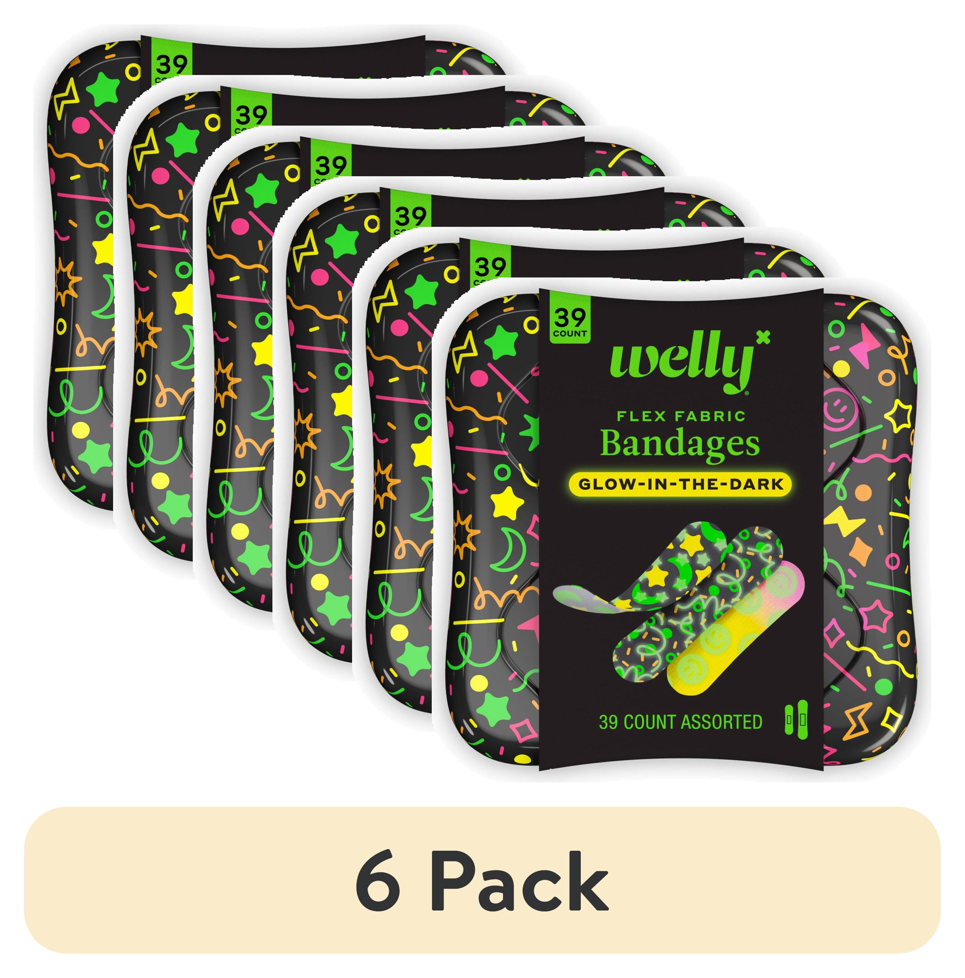 (6 pack) Welly Flex Fabric Bandages, Glow in the Dark Bravery Badges for Kids, Assorted Sizes, 39 Count