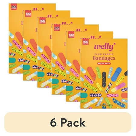 (6 pack) Welly Flex Fabric Bandages, Refill Pack Bravery Badges for Kids, Assorted Sizes, 100 Count