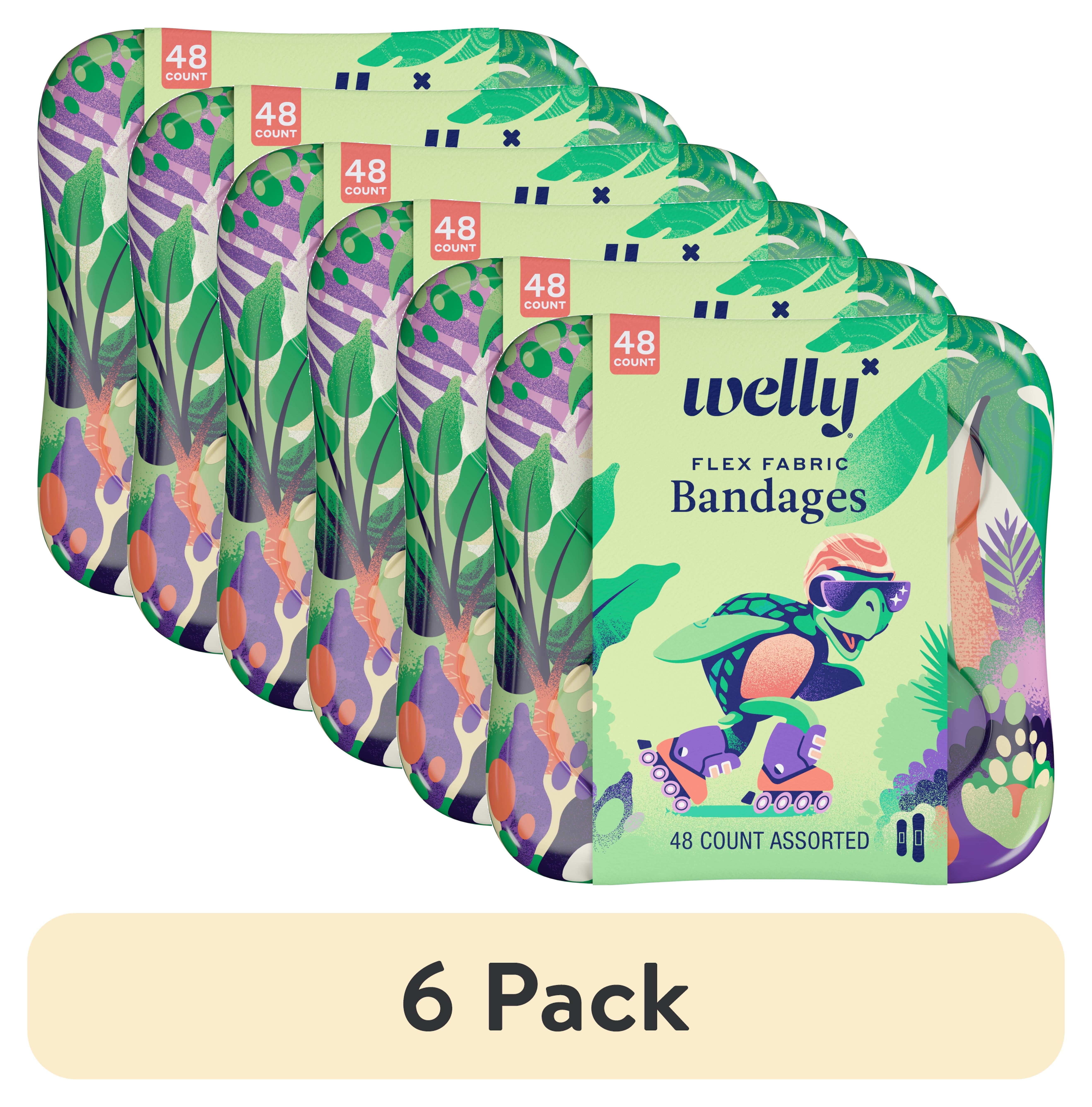 (6 pack) Welly Flex Fabric Bandages, Turtle Pattern Bravery Badges for Kids, Assorted Sizes, 48 Count
