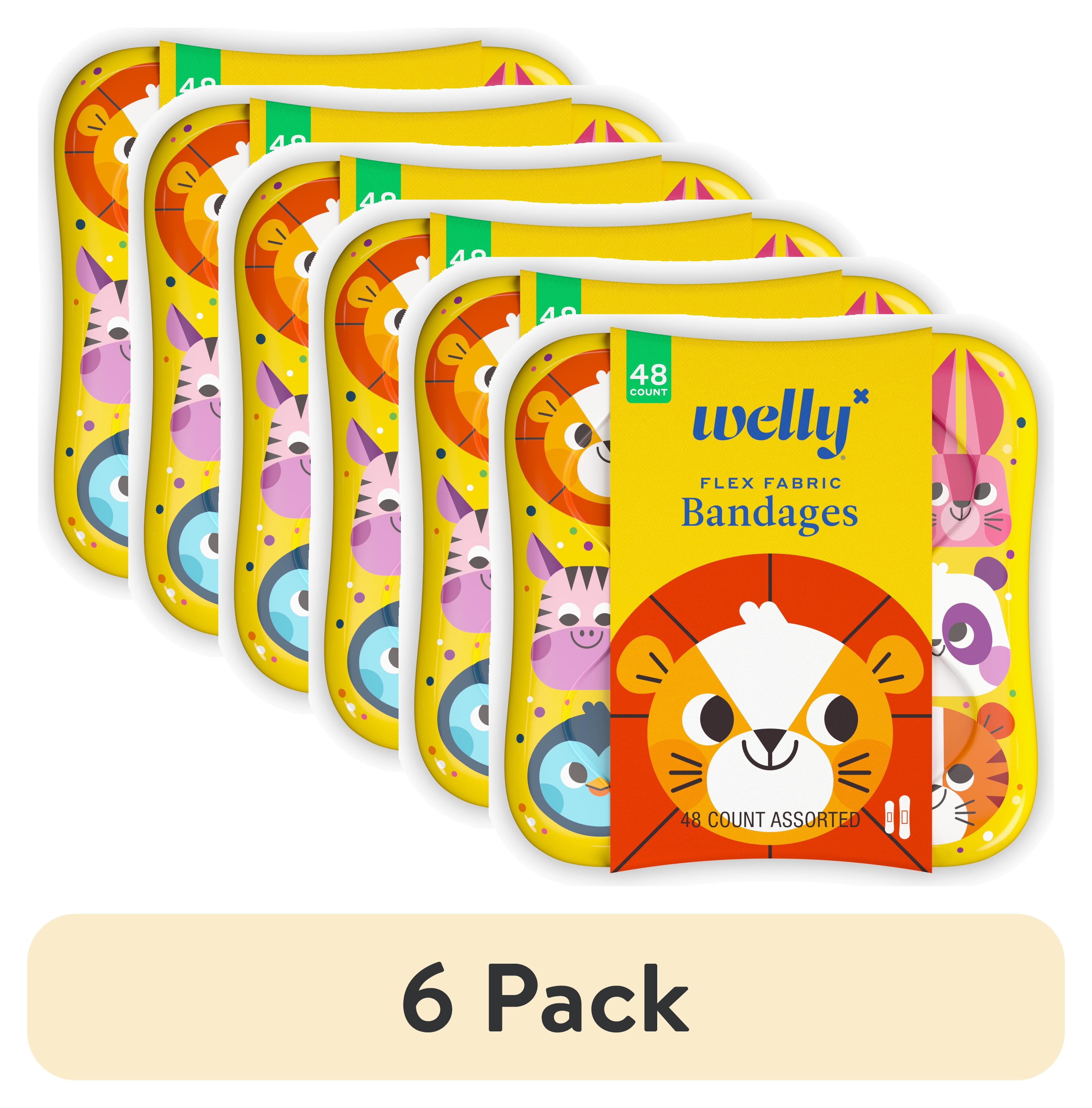 (6 pack) Welly Flex Fabric Bandages, Zoo Animals Pattern Bravery Badges for Kids, Assorted Sizes, 48 Count