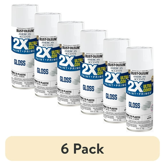(6 pack) White, Rust-Oleum American Accents 2X Ultra Cover Gloss Spray Paint-327874, 12 oz