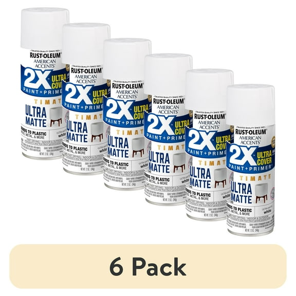 (6 pack) White, Rust-Oleum American Accents 2X Ultra Cover Ultra Matte Spray Paint-328391, 12 oz