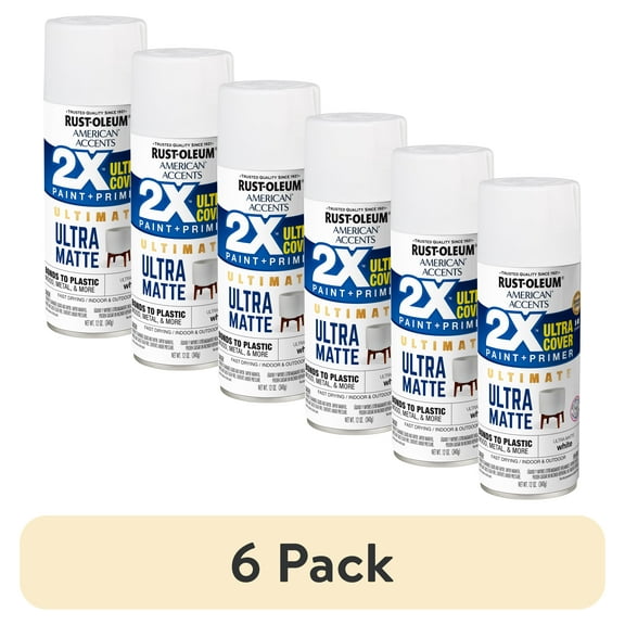 (6 pack) White, Rust-Oleum American Accents 2X Ultra Cover Ultra Matte Spray Paint, 12 oz