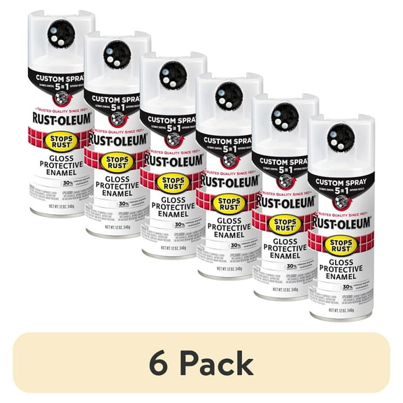 (6 pack) White, Rust-Oleum Stops Rust Custom Sprays 5 in 1 Gloss Spray Paint-376886, 12 oz