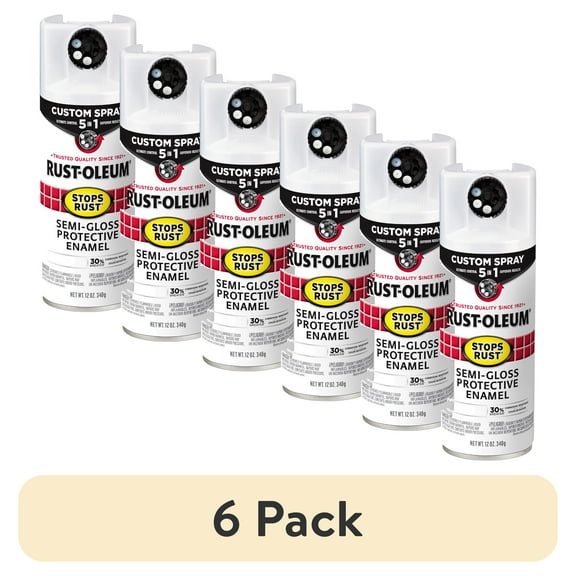 (6 pack) White, Rust-Oleum Stops Rust Custom Sprays 5 in 1 Semi-Gloss Spray Paint-376910, 12 oz