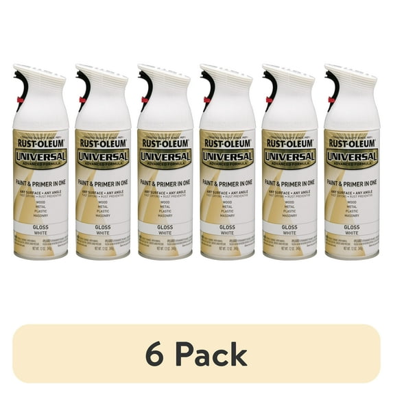 (6 pack) White, Rust-Oleum Universal Paint & Primer Gloss Spray Paint-245199, 12 oz
