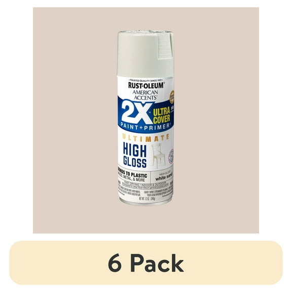 (6 pack) White Sand, Rust-Oleum American Accents 2X Ultra Cover High Gloss Spray Paint-344688, 12 oz