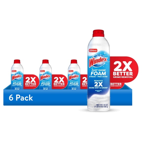 (6 pack) Windex Fast Shine Foam Glass, Window, and Mirror All Purpose Cleaner, No-Drip Aerosol Cleaning Spray, 19 oz