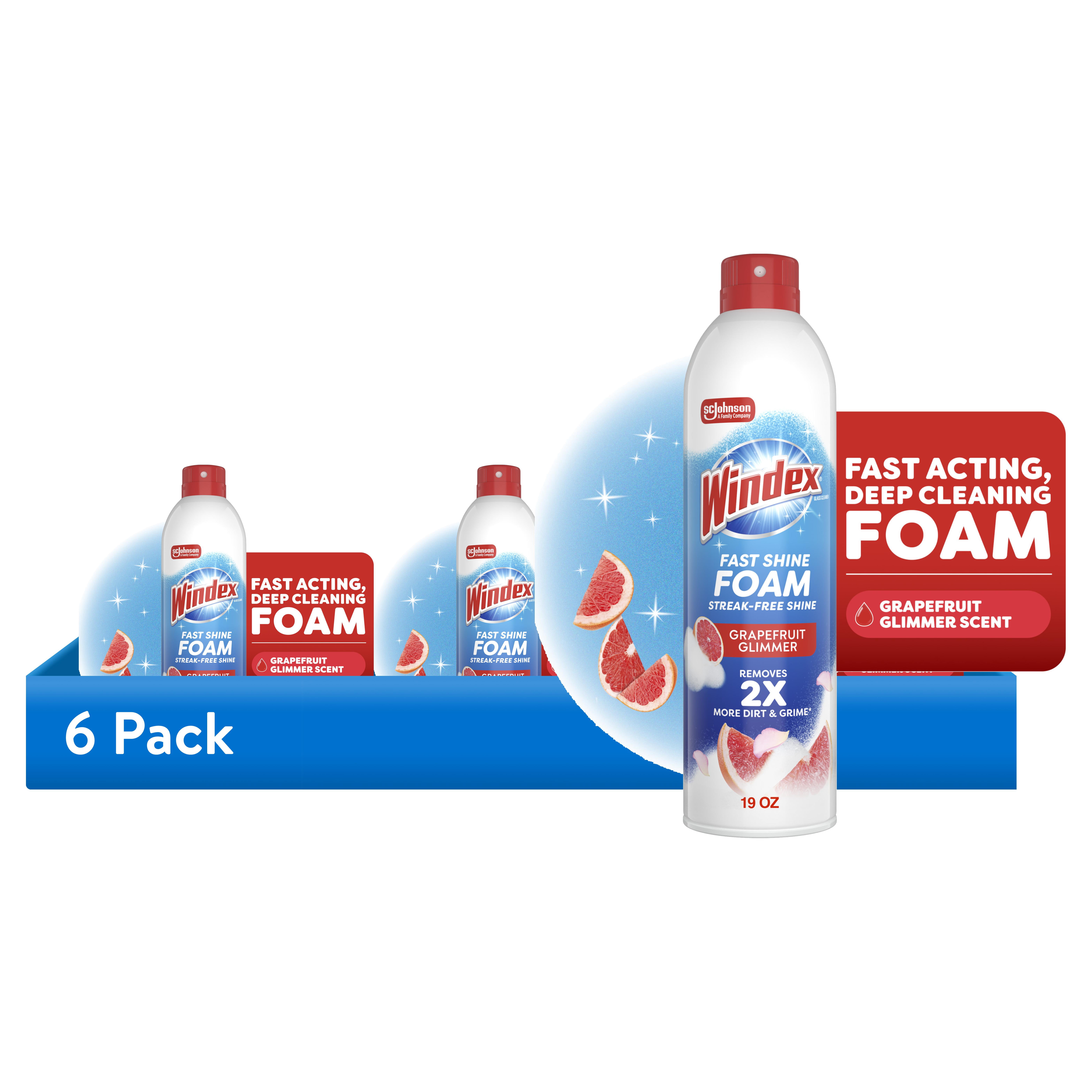 (6 pack) Windex Fast Shine Foam Glass, Window, and Mirror All Purpose Cleaner, No-Drip Aerosol Cleaning Spray, Grapefruit, 19 oz