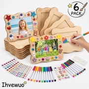 Ihvewuo 6 pack Picture Frame Painting Craft Kit for 4x6" Photo 6pcs Unfinished Solid Wooden Picture Frame with 12pcs Painting Color Pen 3 Sheets Stickers for DIY Craft