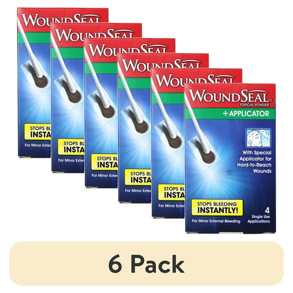 (6 pack) WoundSeal Topical Powder + Applicator for Minor External Bleeding, 4 Single Use Applications