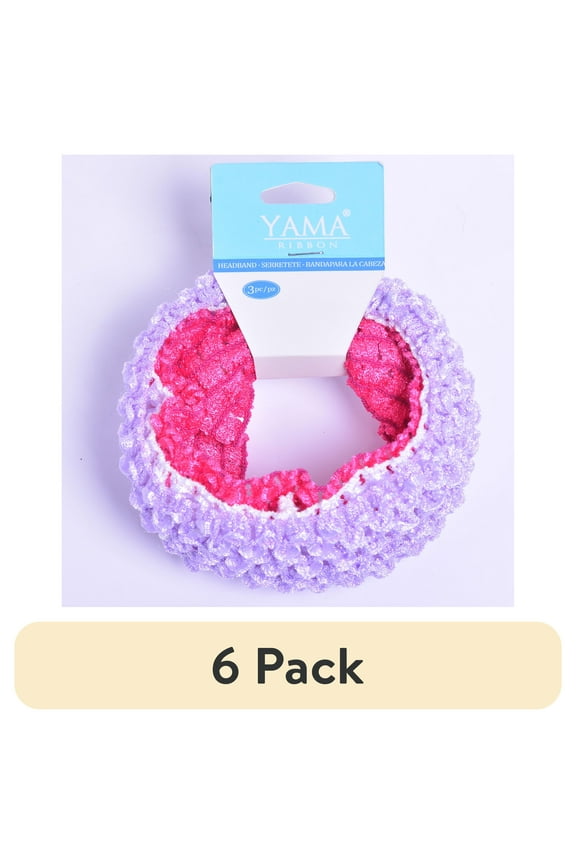 (6 pack) Yama Ribbon, Female Girls Child Accessories Knit Croch Headband in Purple/White/Red, 3 Counts