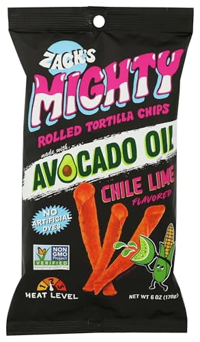 (6 pack) Zack's Mighty Avocado Oil Rolled Tortilla Chips - Chile Lime, 6 oz. Film Bag, No Artificial Colors or Dye