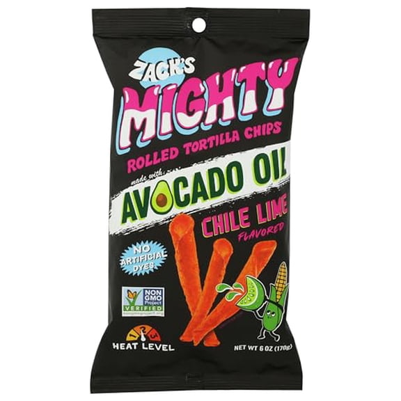 (6 pack) Zack's Mighty Avocado Oil Rolled Tortilla Chips - Chile Lime, 6 oz. Film Bag, No Artificial Colors or Dye