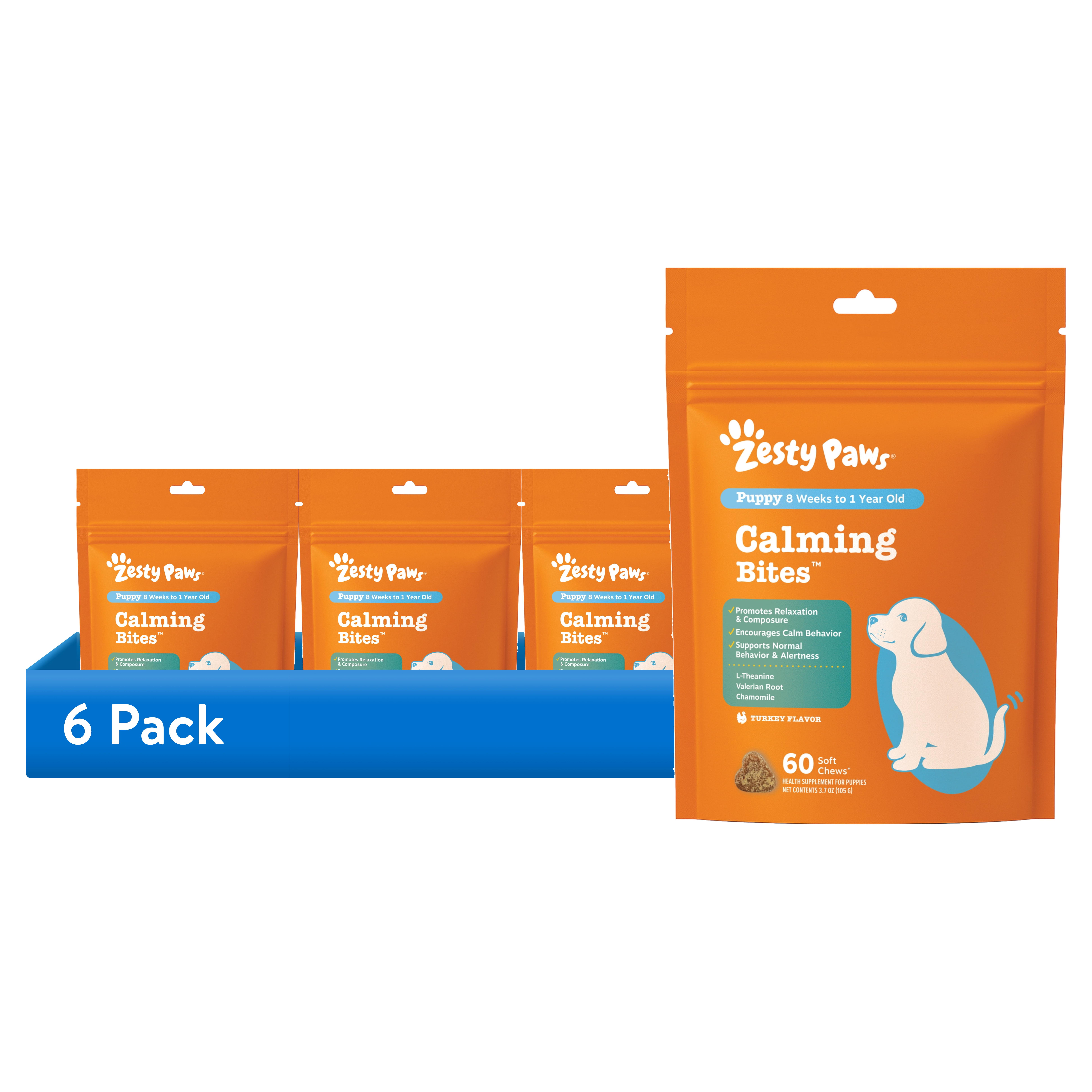 (6 pack) Zesty Paws Calming Bites for Puppies Turkey Flavor 60 Count Dog Supplement