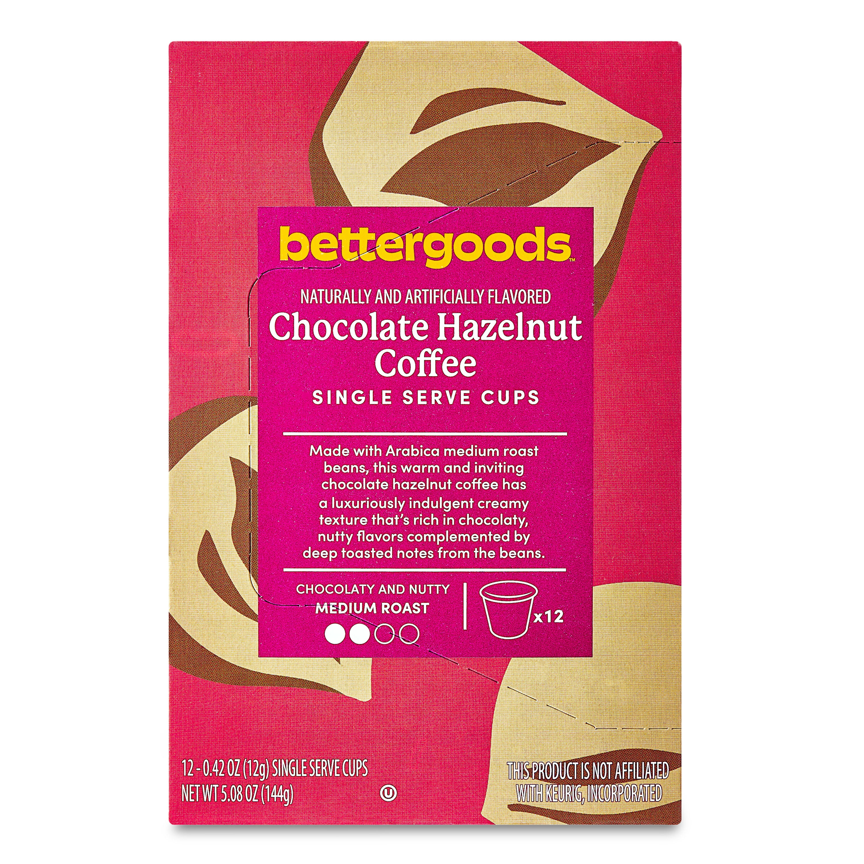 (6 pack) bettergoods Chocolate Hazelnut Flavored Coffee, Medium Roast, Single Serve Cups, 0.42 oz, 12 Count