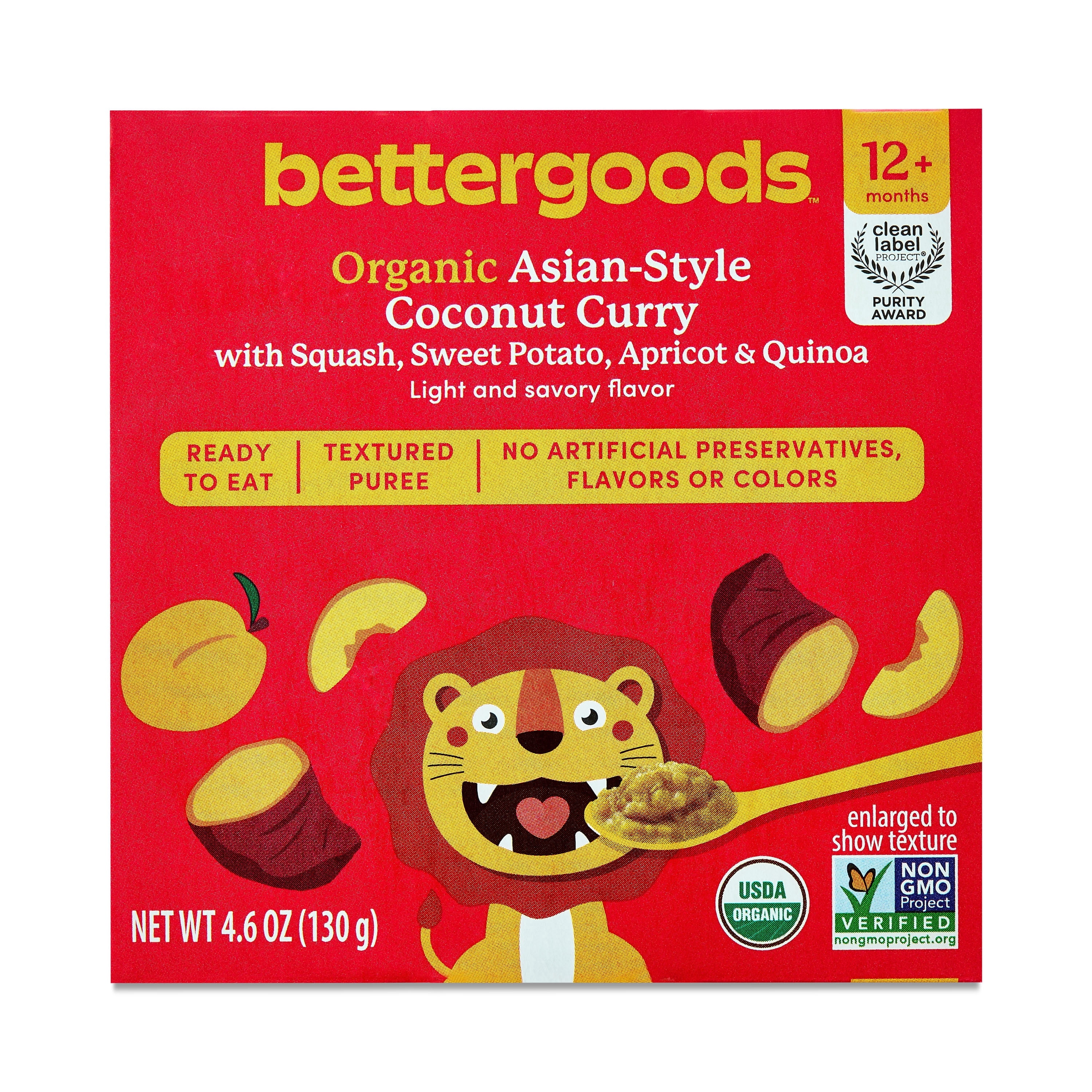 (6 pack) bettergoods Organic Stage 4 Baby Food Asian-Style Coconut Curry with Squash, Sweet Potato, Apricot, and Quinoa, 4.6 oz Tub