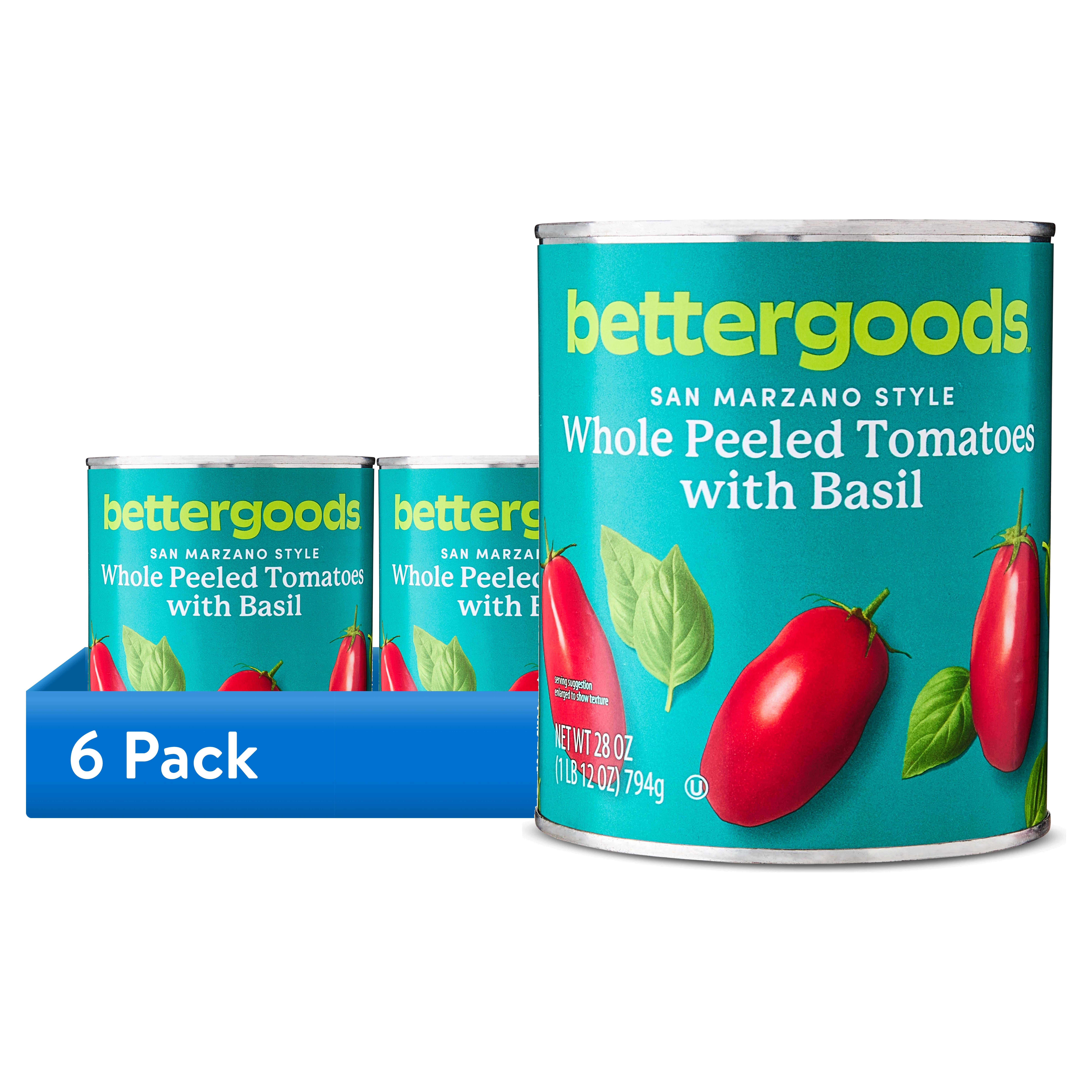 (6 pack) bettergoods San Marzano Style Whole Peeled Tomatoes with Basil, 28 oz