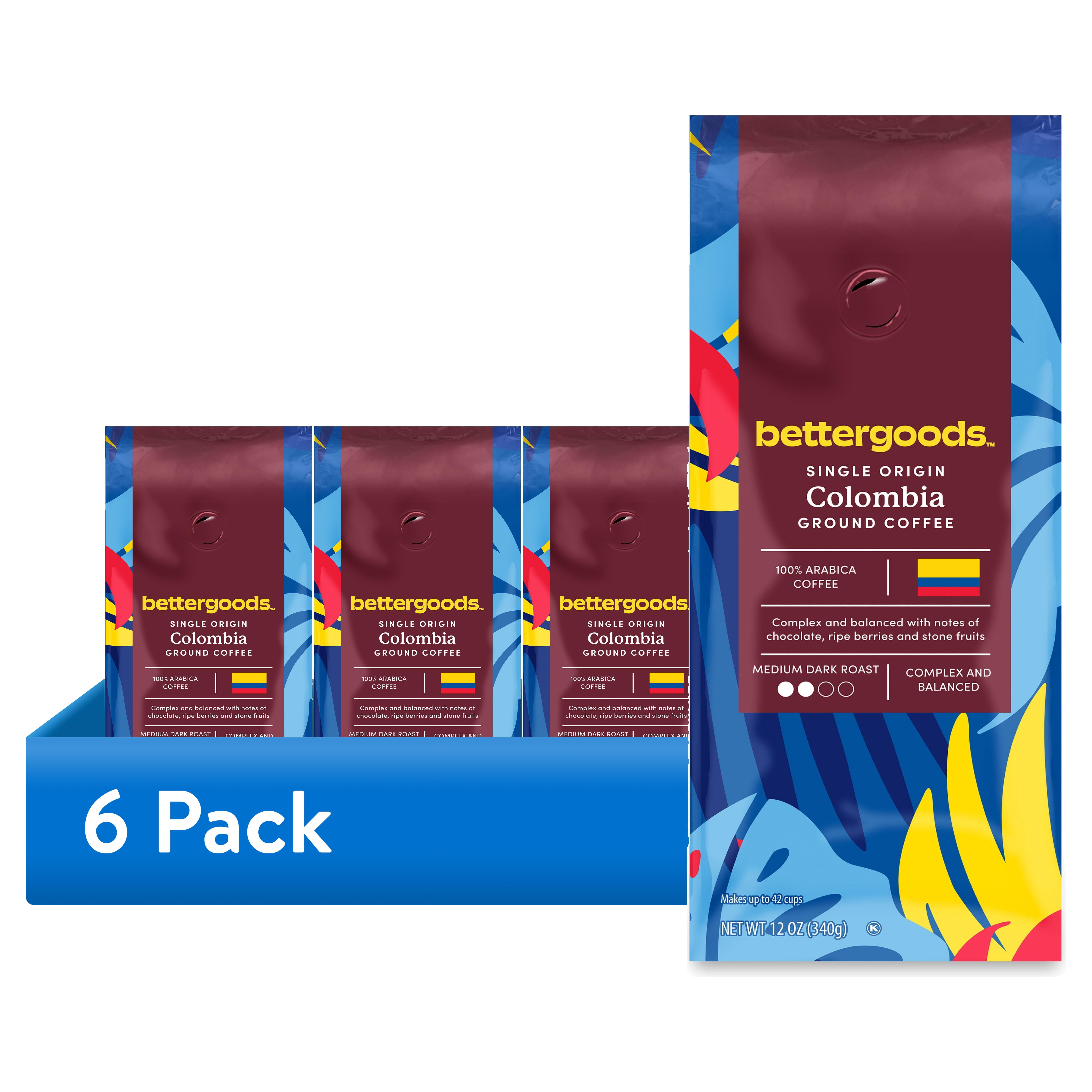 (6 pack) bettergoods Single Origin Colombia Ground Coffee, Medium Dark Roast, 12 oz