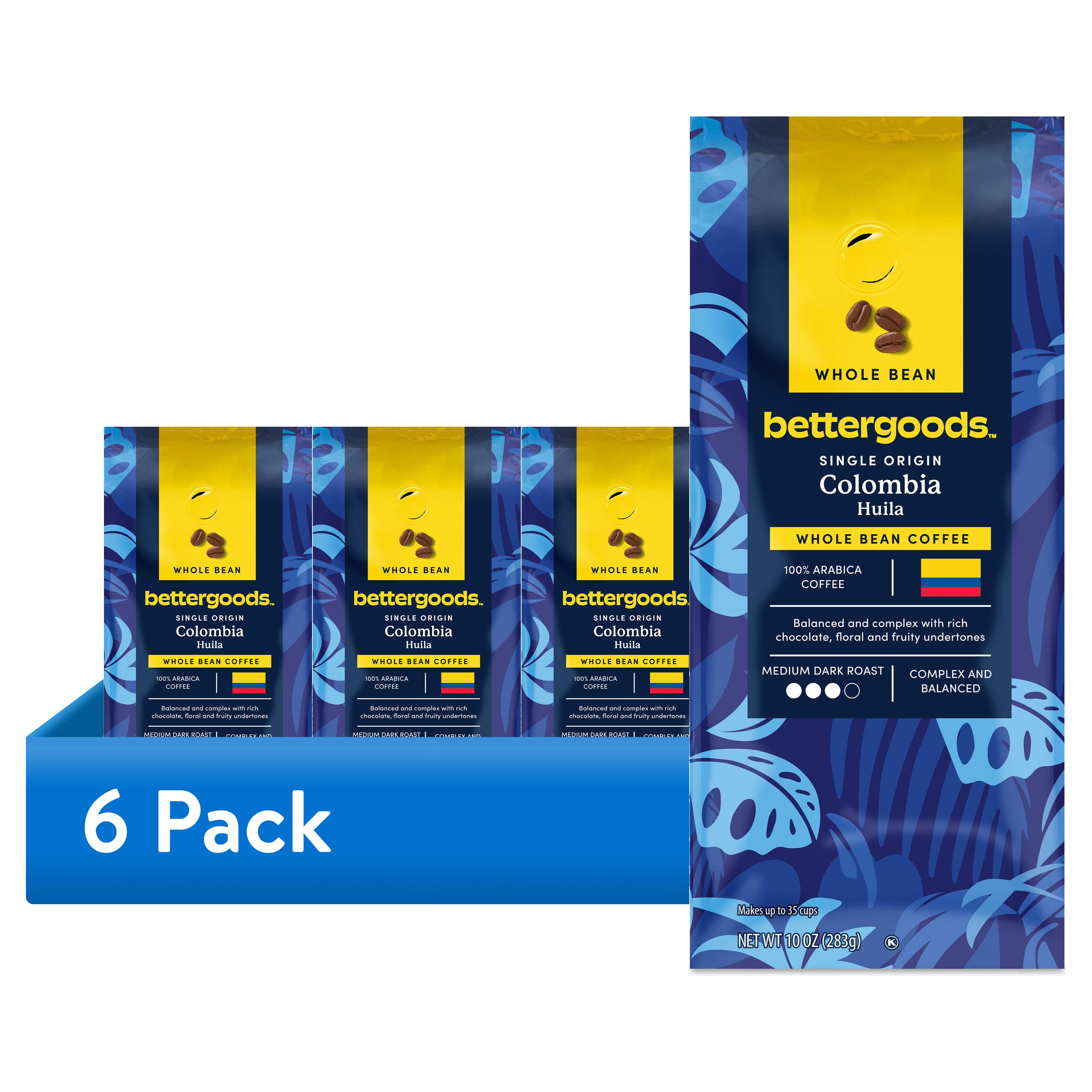 (6 pack) bettergoods Single Origin Colombia Huila Whole Bean Coffee, Medium Dark Roast, 10 oz