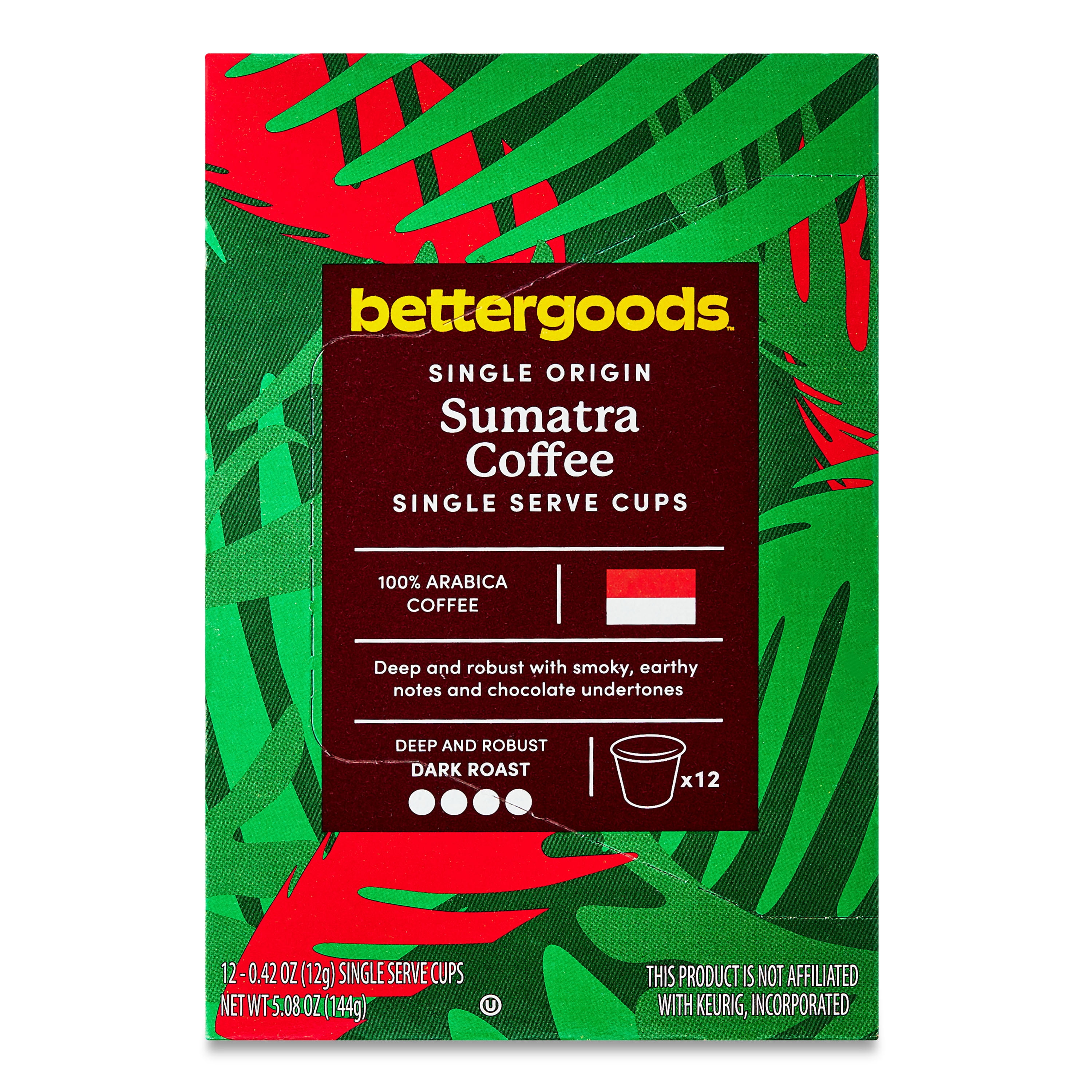 (6 pack) bettergoods Single Origin Sumatra Coffee, Dark Roast, Single Serve Cups, 0.42 oz, 12 Count