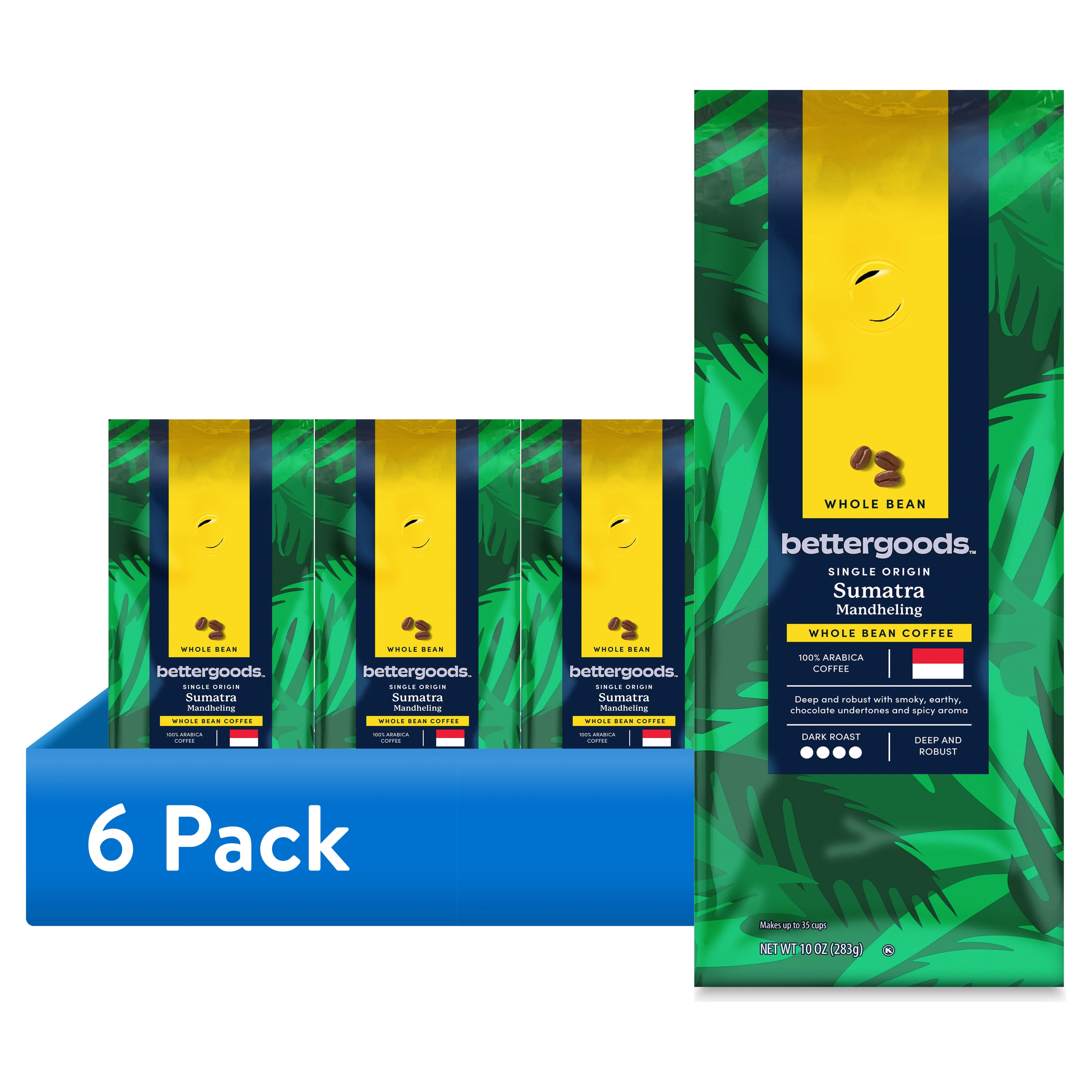 (6 pack) bettergoods Single Origin Sumatra Mandheling Whole Bean Coffee, Dark Roast, 10 oz