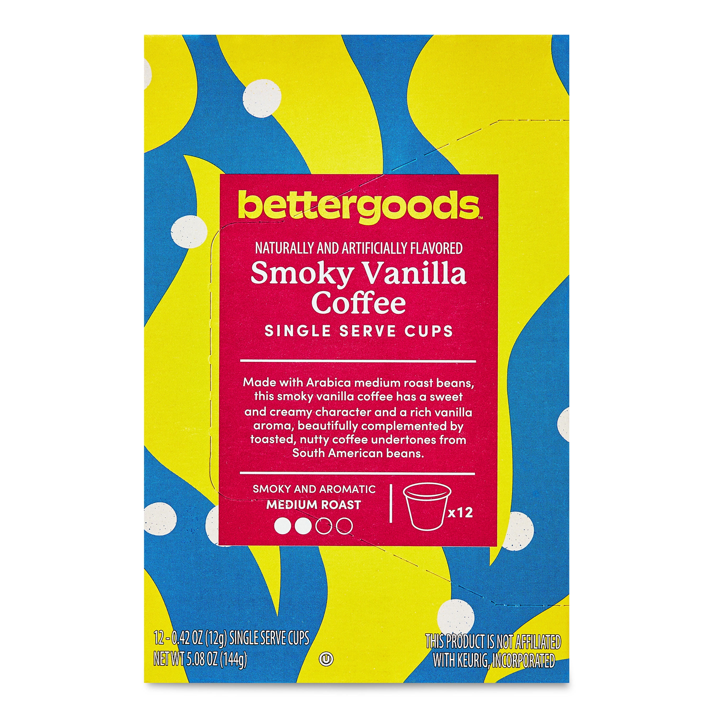 (6 pack) bettergoods Smoky Vanilla Flavored Coffee, Medium Roast, Single Serve Cups, 0.42 oz, 12 Count