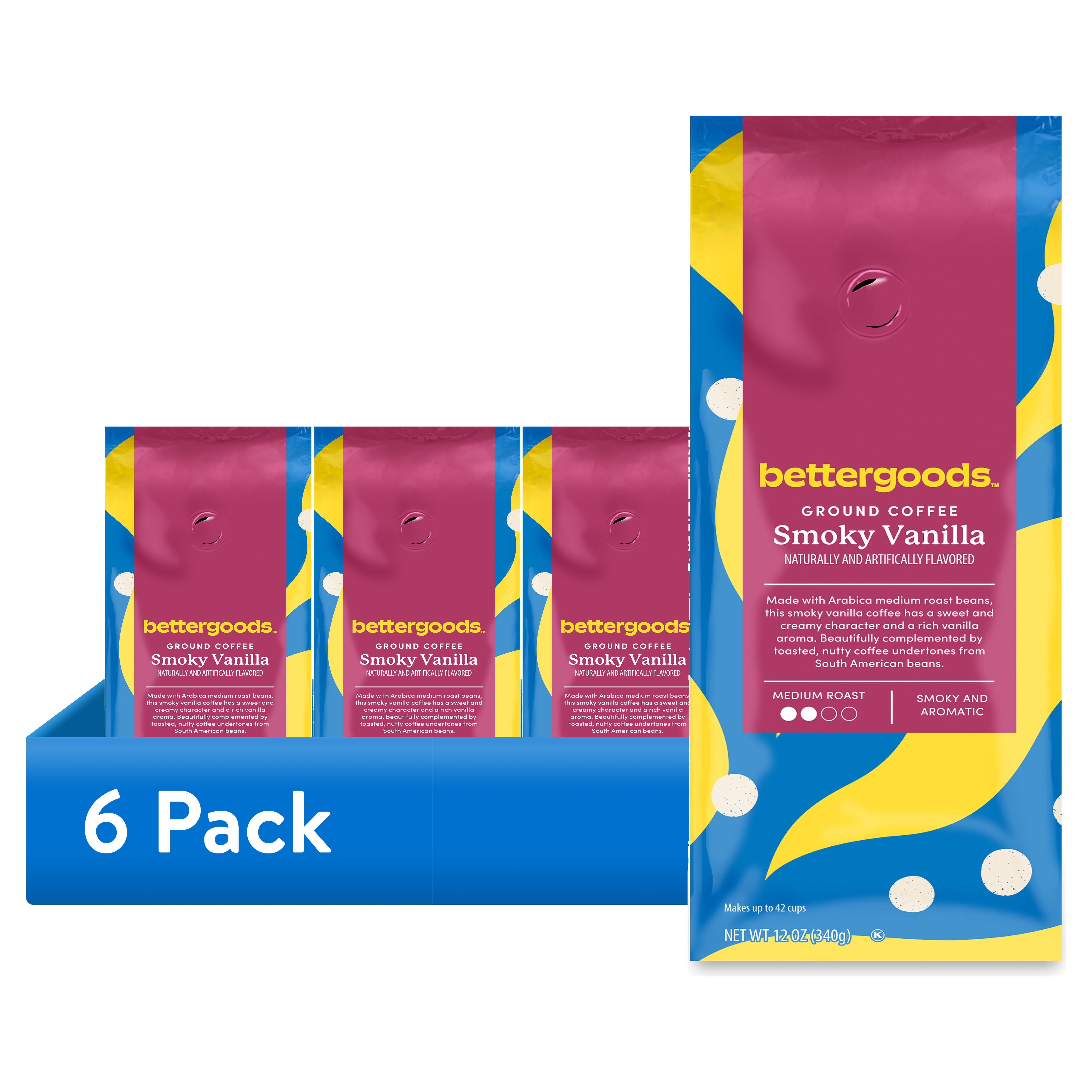 (6 pack) bettergoods Smoky Vanilla Flavored Ground Coffee, Medium Roast, 12 oz