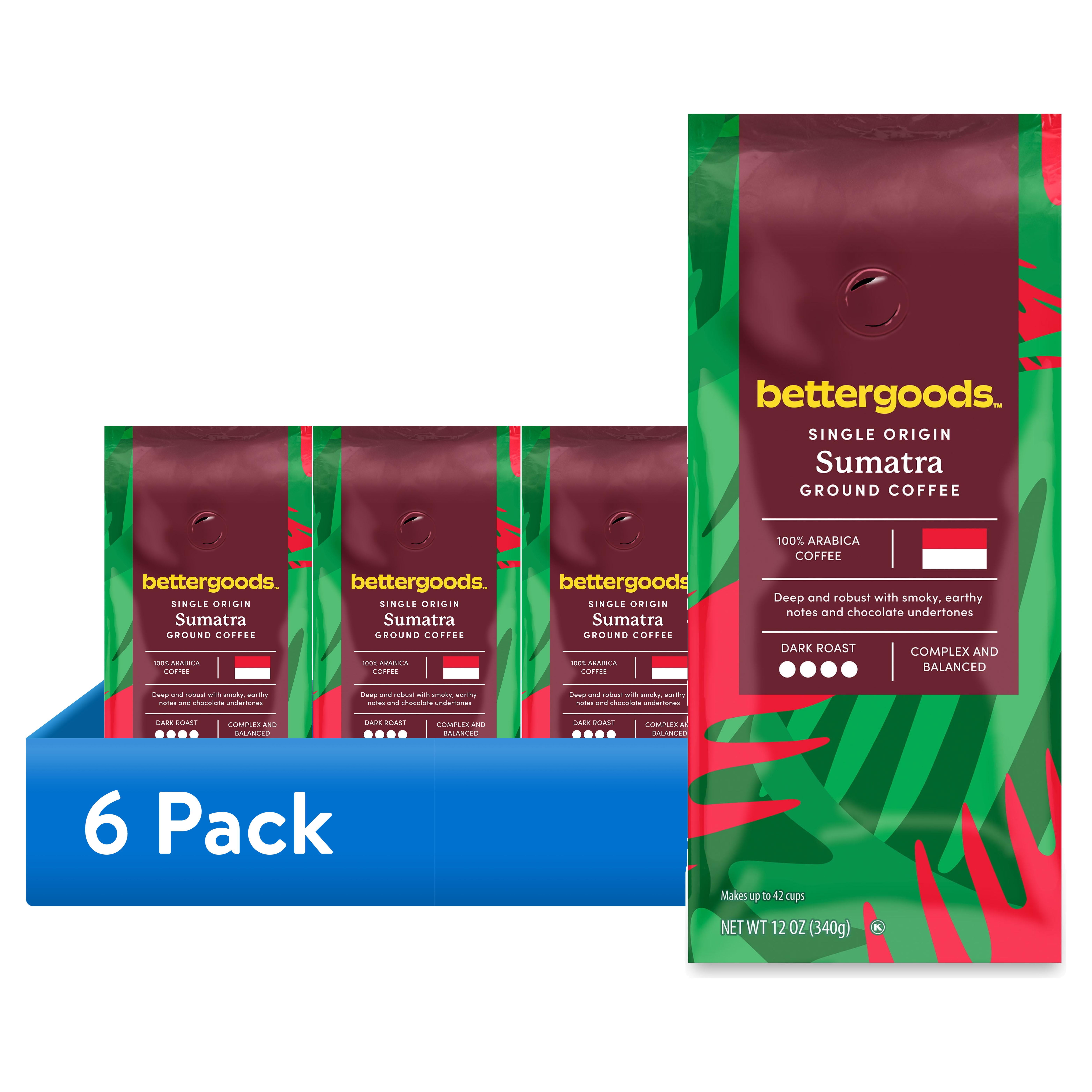 (6 pack) bettergoods Sumatra Single Origin Ground Coffee, Dark Roast, 12 oz
