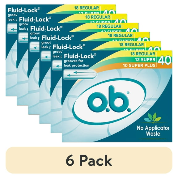 (6 pack) o.b. Tampons No Applicator, Unscented - 40ct (18ct Regular/12ct Super/10ct Super Plus)