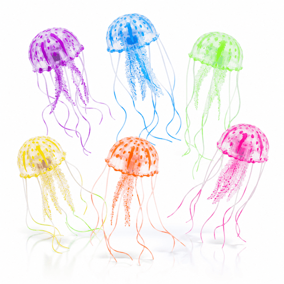 6 pack of Silicone Small Size Floating Neon Artificial Jellyfish - Fish Tank Aquarium Decoration