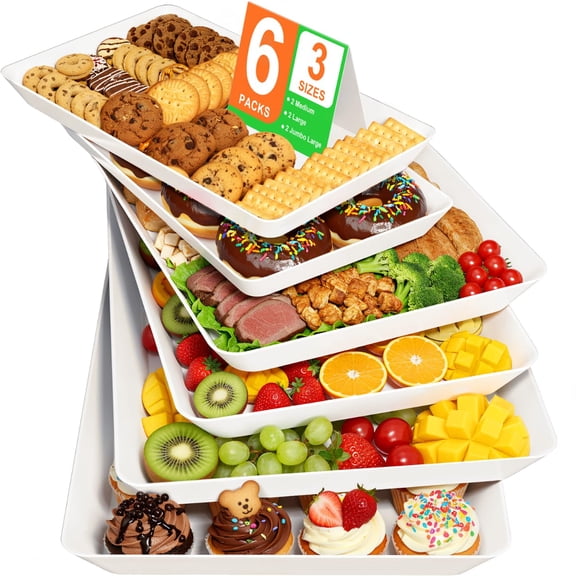 6-pack party trays, available in three sizes, suitable for entertaining guests, displaying food, holding cookies, and stackable rectangular trays, perfect for home use (white).