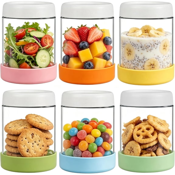 6 packs of 16-ounce glass overnight oatmeal containers with sealed lids and silicone sleeves-jars for salads, yogurt, pickles, spices and sugar-leak-proof glass food storage tanks