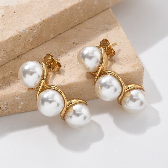 6 pair 304 Stainless Steel Round Stud Earrings with Plastic Pearl Ion Plating(IP) Golden 29x10.5mm