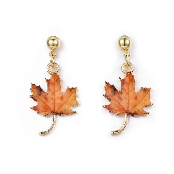 6 pair Autumn Theme Alloy Dangle Stud Earrings with Enamel Eco-Friendly Stainless Steel Pins and Ear Nuts Printed Maple Leaf Coral 27.5x13.5mm Pin: 0.7mm