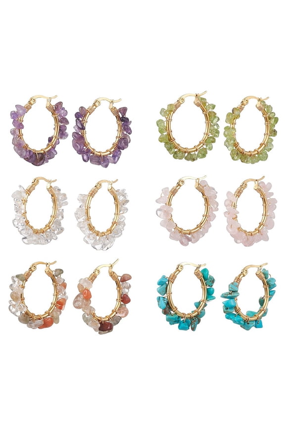 6 pair Natural Gemstone Hoop Earring 304 Stainless Steel Wire Wrap Earrings 28.5~29.5x5~7mm