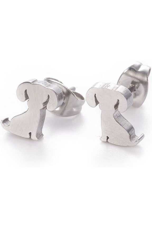 6 pair Tarnish Resistant 304 Stainless Steel Puppy Stud Earrings Hypoallergenic Earrings with Ear Nuts/Earring Back Dog Silhouette Stainless Steel color 7x8mm Pin: 0.8mm