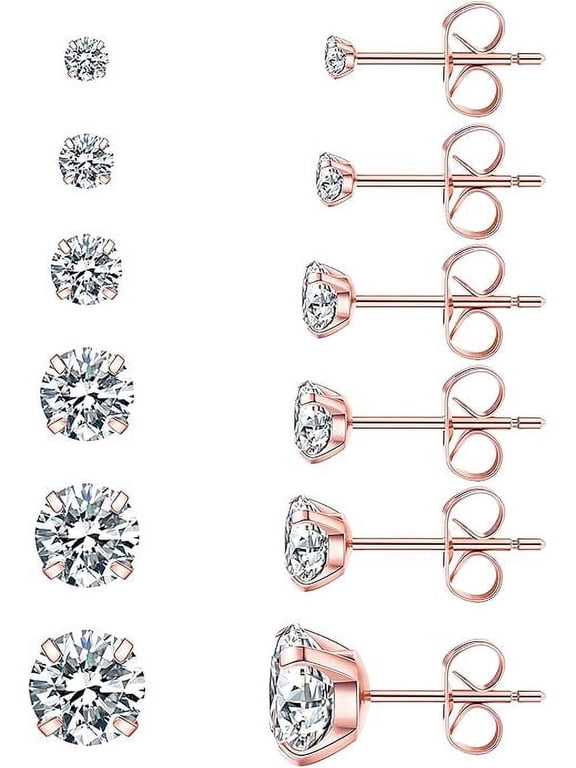 6-pair earring set, hypoallergenic cubic zirconia 316L earrings, stainless steel CZ earrings, 3-8mm (rose gold).