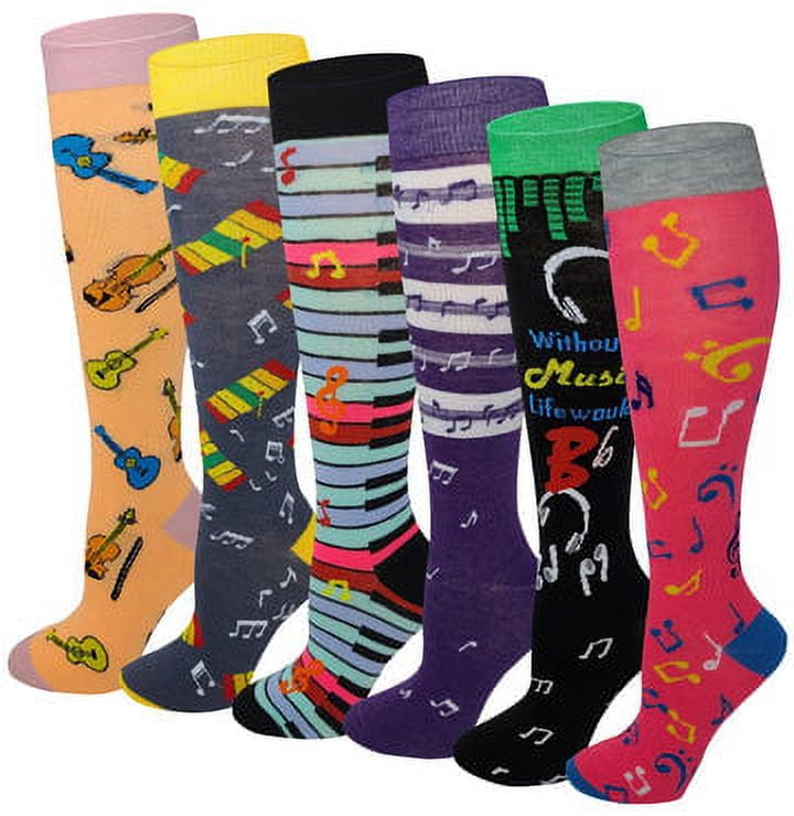 6 pairs Assorted Music Design Knee High Socks For Women