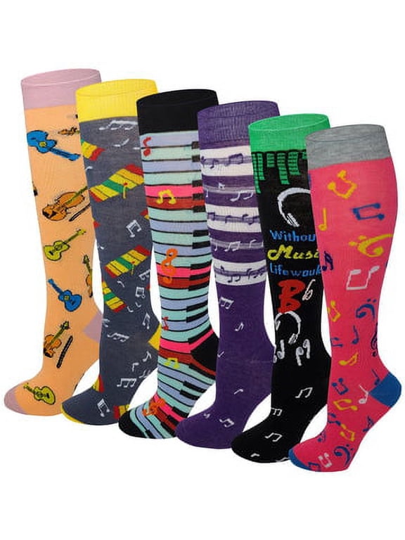 6 pairs Assorted Music Design Knee High Socks For Women